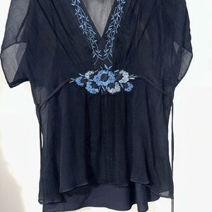 SOLD Ann Taylor Real Silk Polyester Navy Embroidered Women's Top